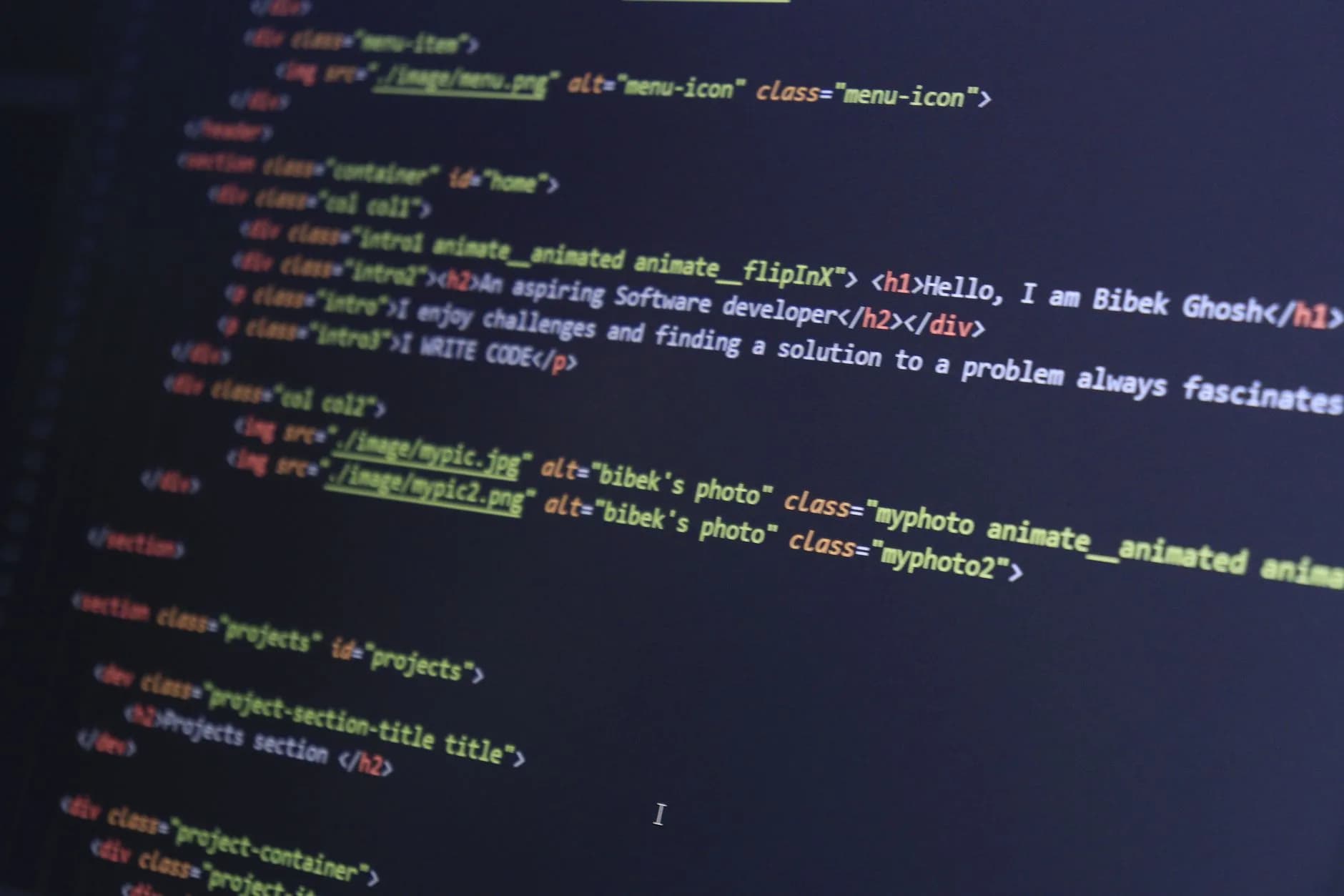 Colorful HTML code displayed on a computer screen for programming projects.